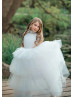 High Collar Ivory Tulle Layered Pearl Embellished Flower Girl Dress